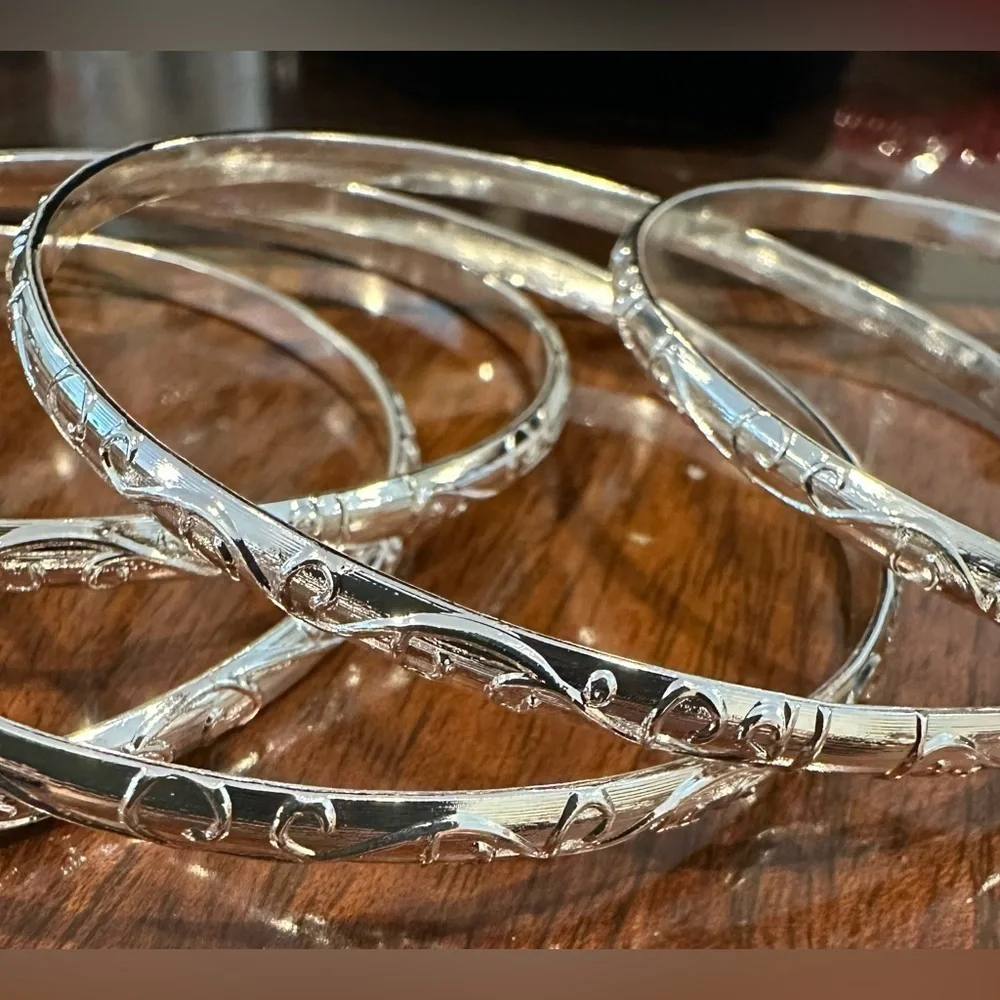 Set/5 Silver Tone Bangle Bracelets Intricate Swirl Design Fits up to Size 8 NEW